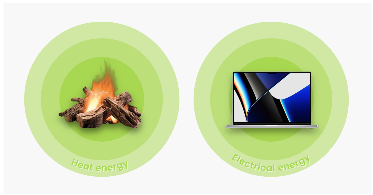 A campfire has lots of heat/thermal energy, and a laptop has lots of electrical energy