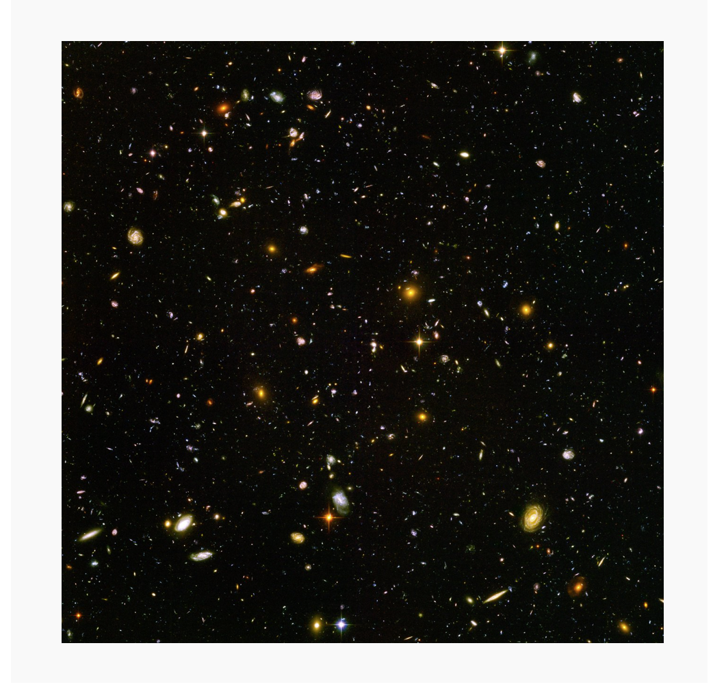 The Hubble Ultra Deep Field, a photo of thousands of galaxies.