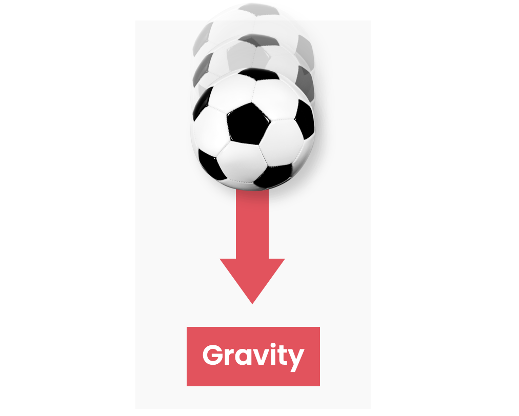 A falling football with a downwards arrow indicating gravity.