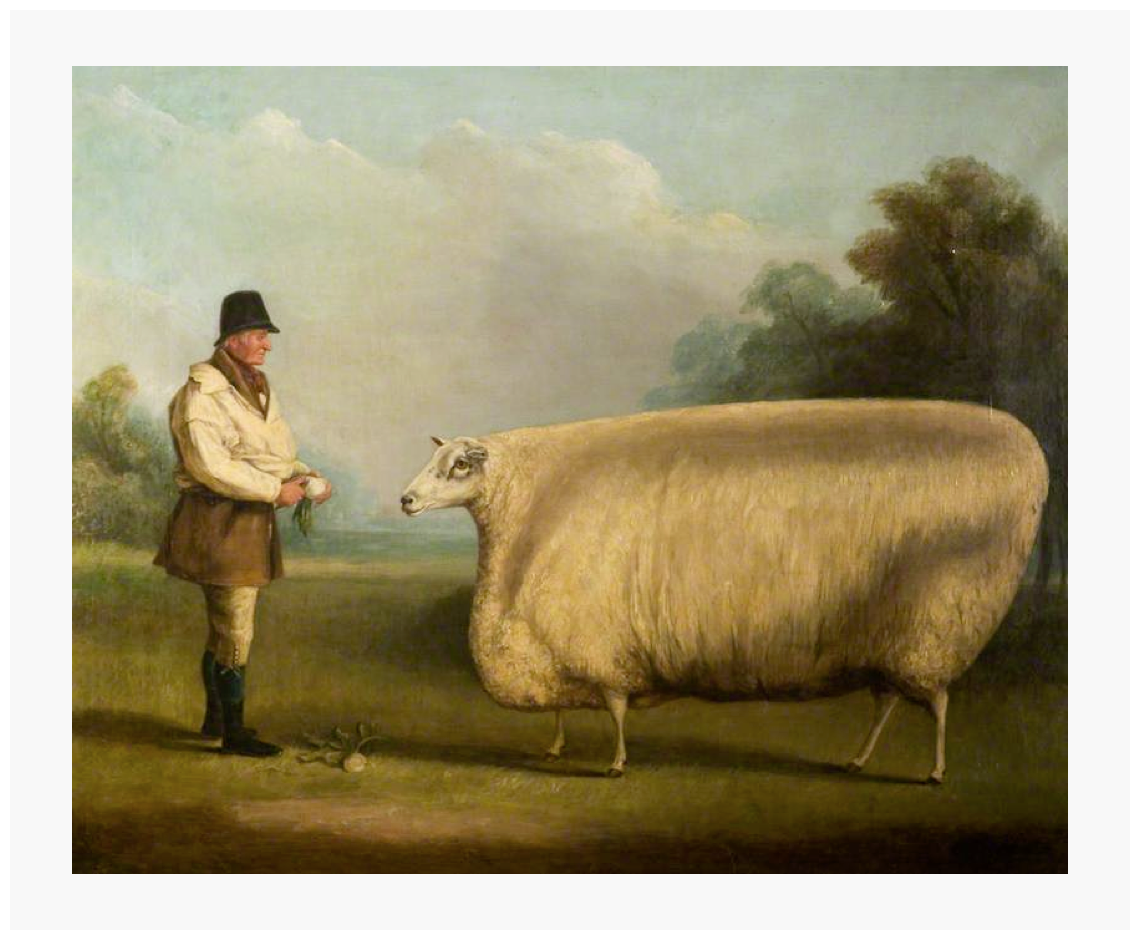 A painting of an unrealistically large sheep.