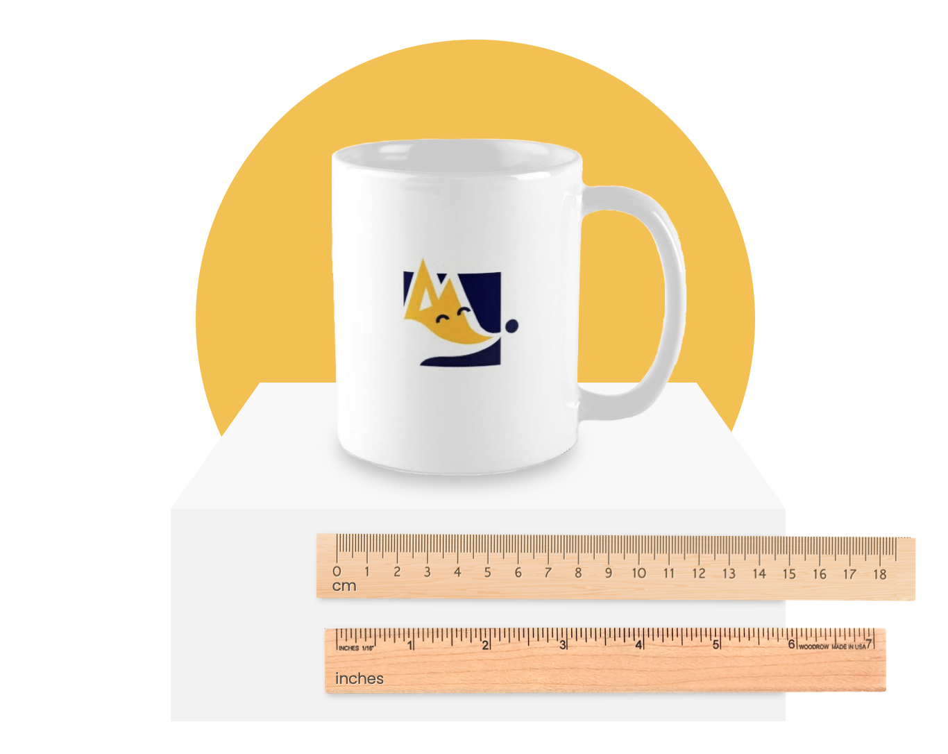 A mug being measuring with a cm ruler and an inches ruler.