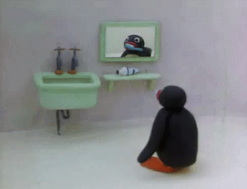 Pingu looking into a mirror